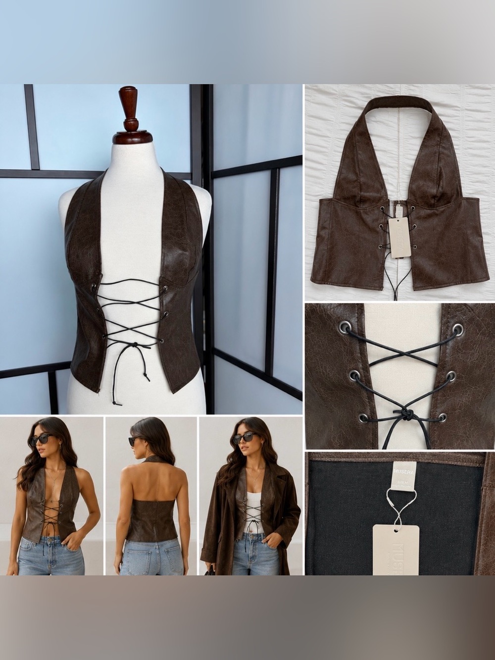 MUSERA Brown Faux Leather Lace Up Halter Vest Top Size XS/S/M NWT